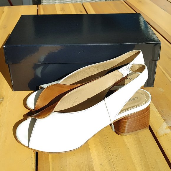 NIB Calpierre Italian Color Block Tan/White Slingback Pump Sandals. 37, 7 - Picture 5 of 7